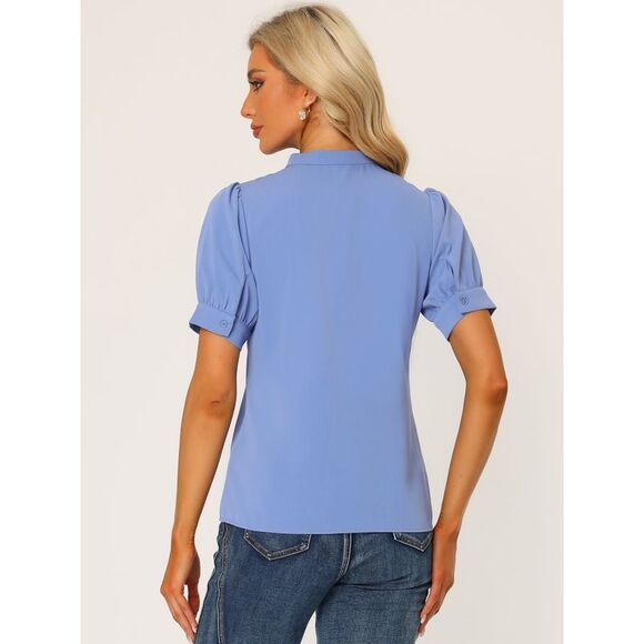 Top Puff Sleeve Half Placket Ruffled Shirt Blouses Blue - Picture 4 of 5